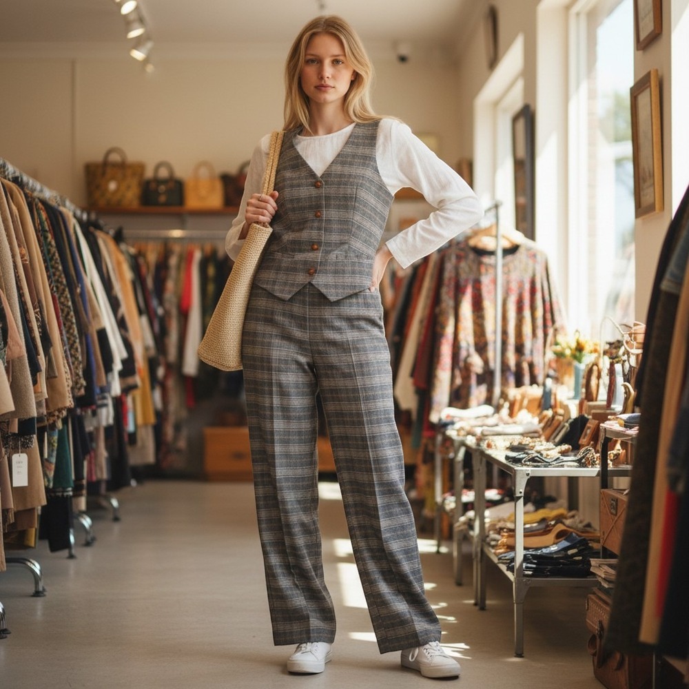 Autres Filles Vest & Wide Leg Trouser Set Women S Brown Plaid Academic 2378